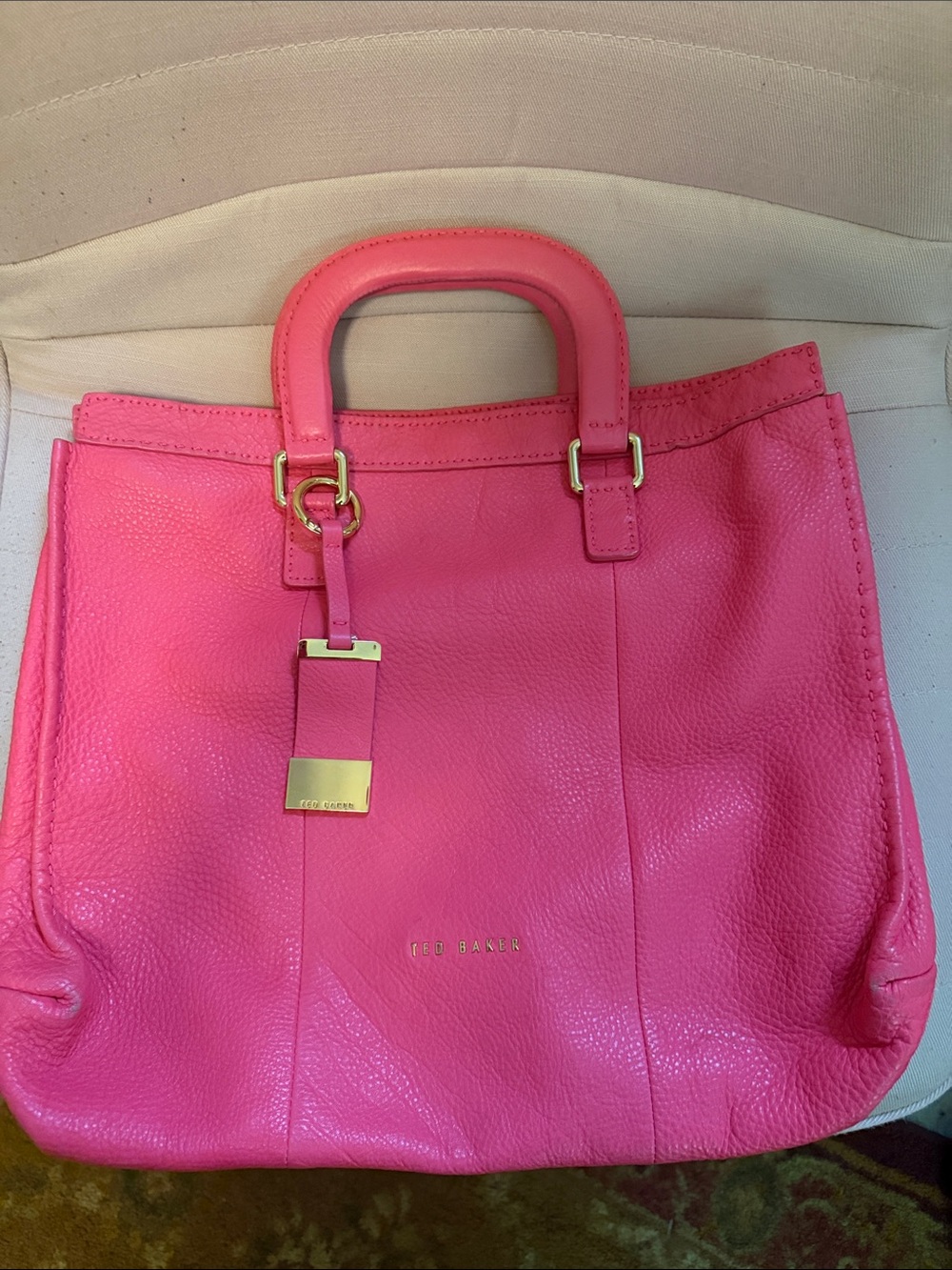 Ted Baker Hot Pink Pebbled Leather Tote with Gold Hardware